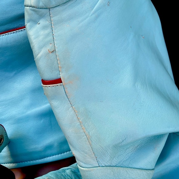 Soft Italian leather amazing turquoise blue biker jacket with oxblood trim. - Picture 6 of 9